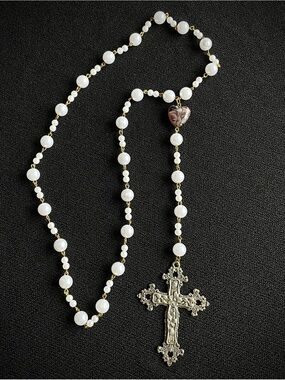 Long Beaded Rosary Necklace with Large Silver Cross